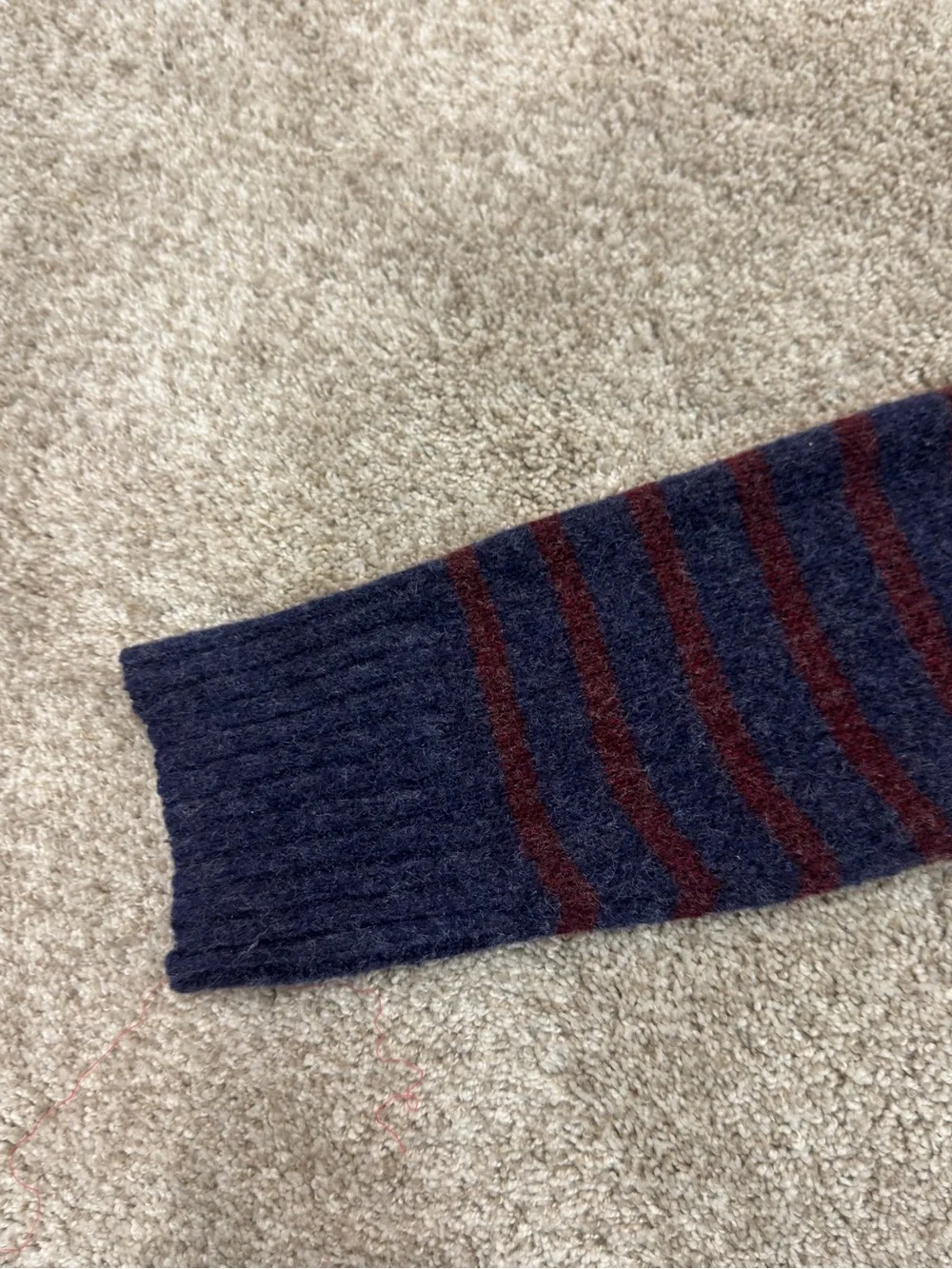 Maurices Cozier than Cashmere Navy and Maroon Striped V-Neck Collared Sweater